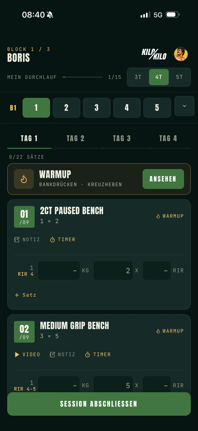Boris-App: Warm-up-Banner über dem Trainingstag