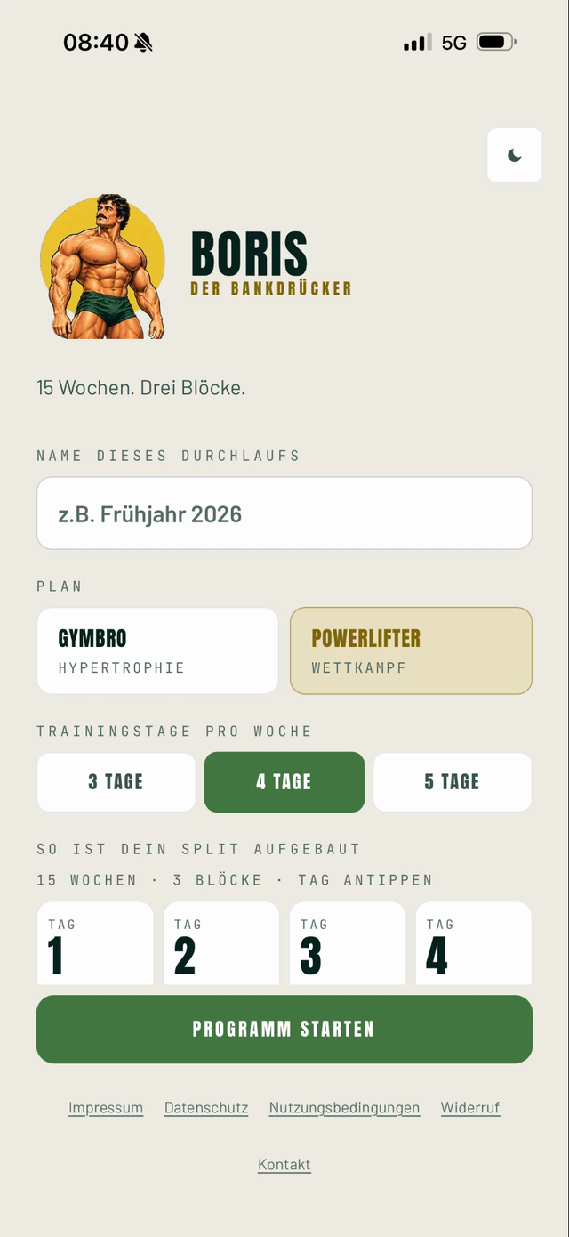 Boris-App: Route und Trainingstage wählen